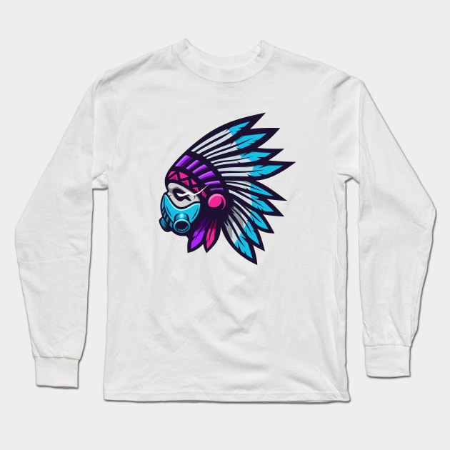 Indian tribe with gas mask iluustration Long Sleeve T-Shirt by Wudel Mbois